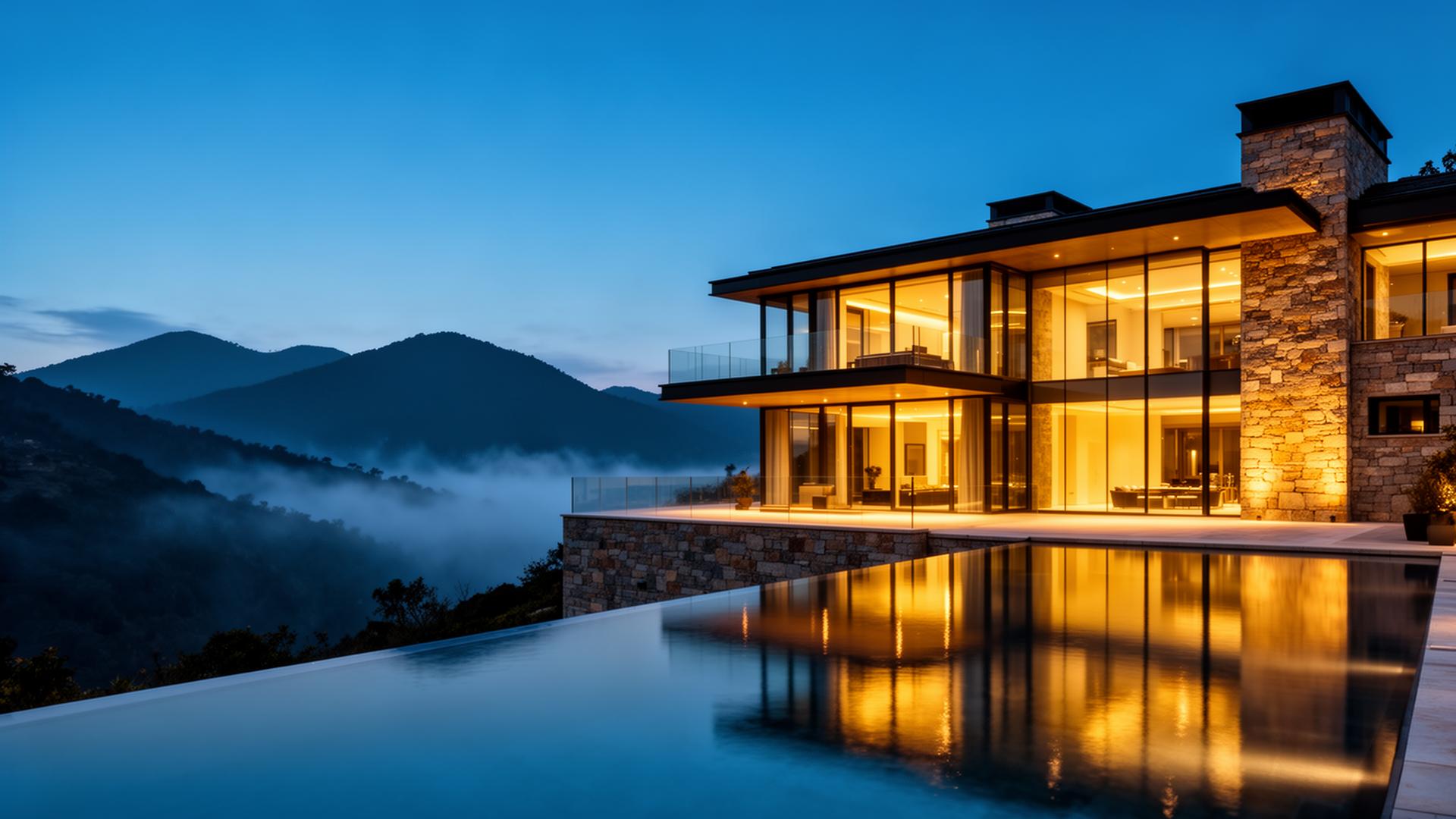 Glass-and-stone billionaire estate above an infinity pool at blue-hour dusk